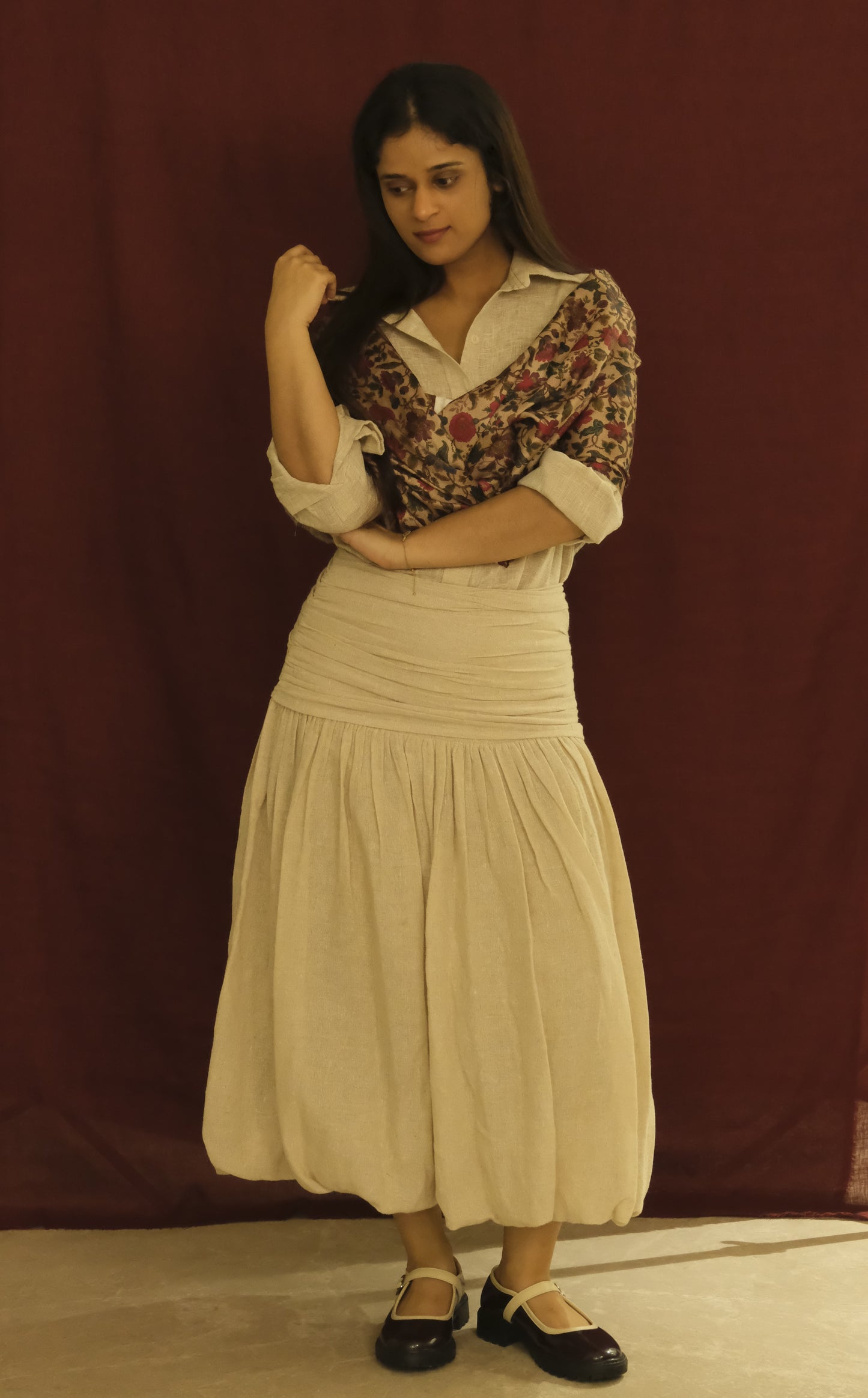 Ivory Bubble Midi Skirt- Gathered Waist Linen Blend Skirt