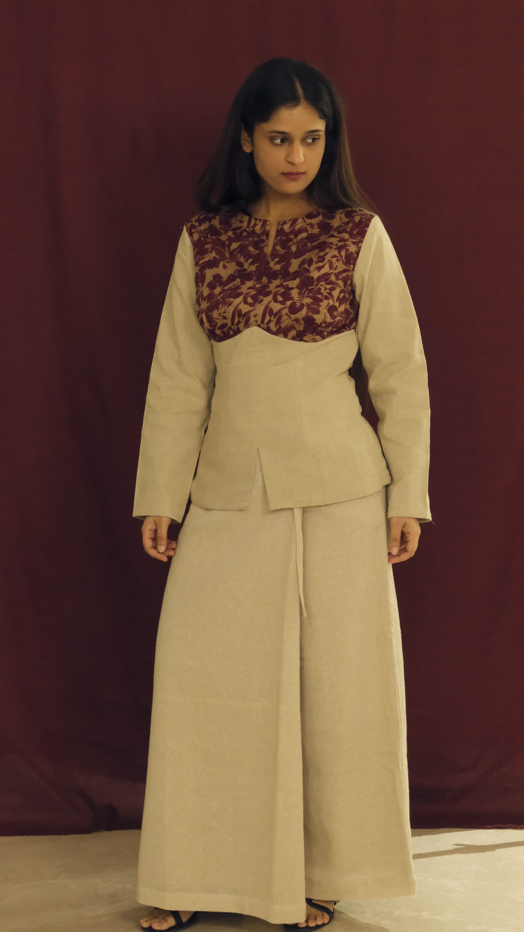 Ivory Linen Blend Top with Floral Yoke