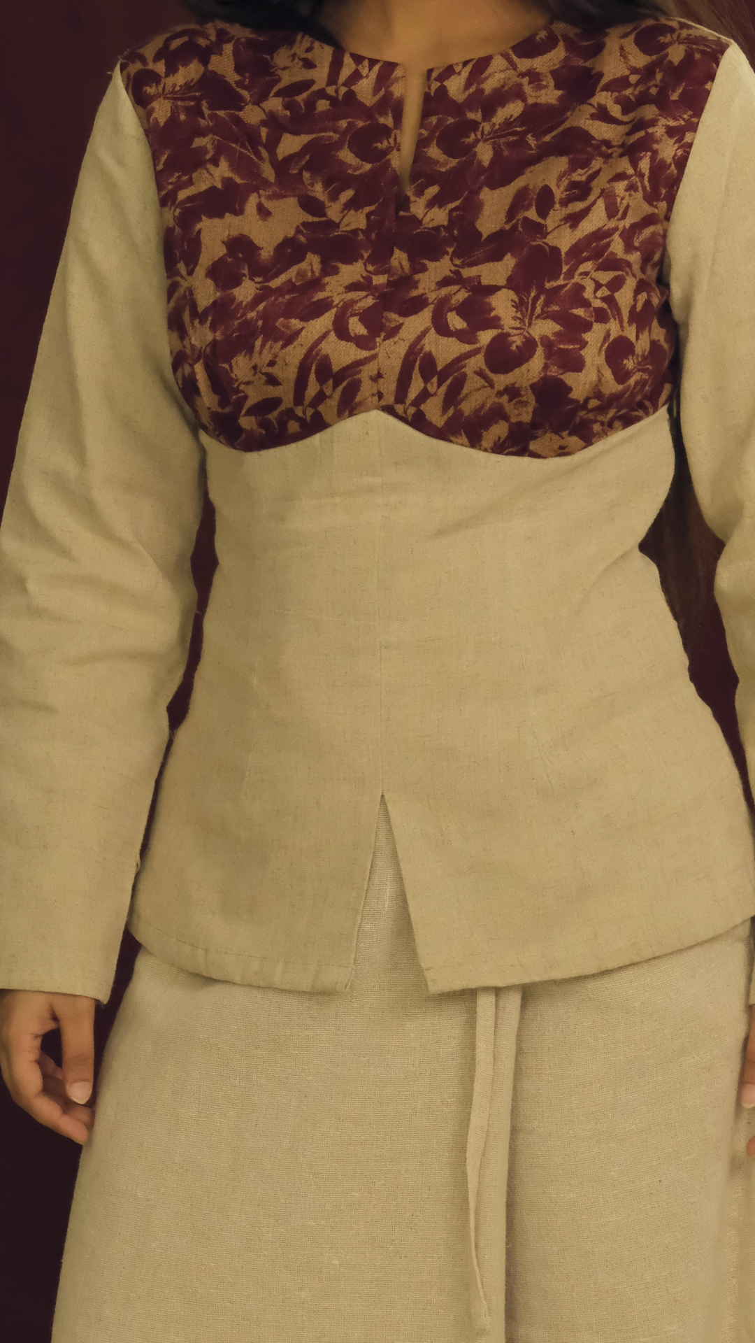 Ivory Linen Blend Top with Floral Yoke