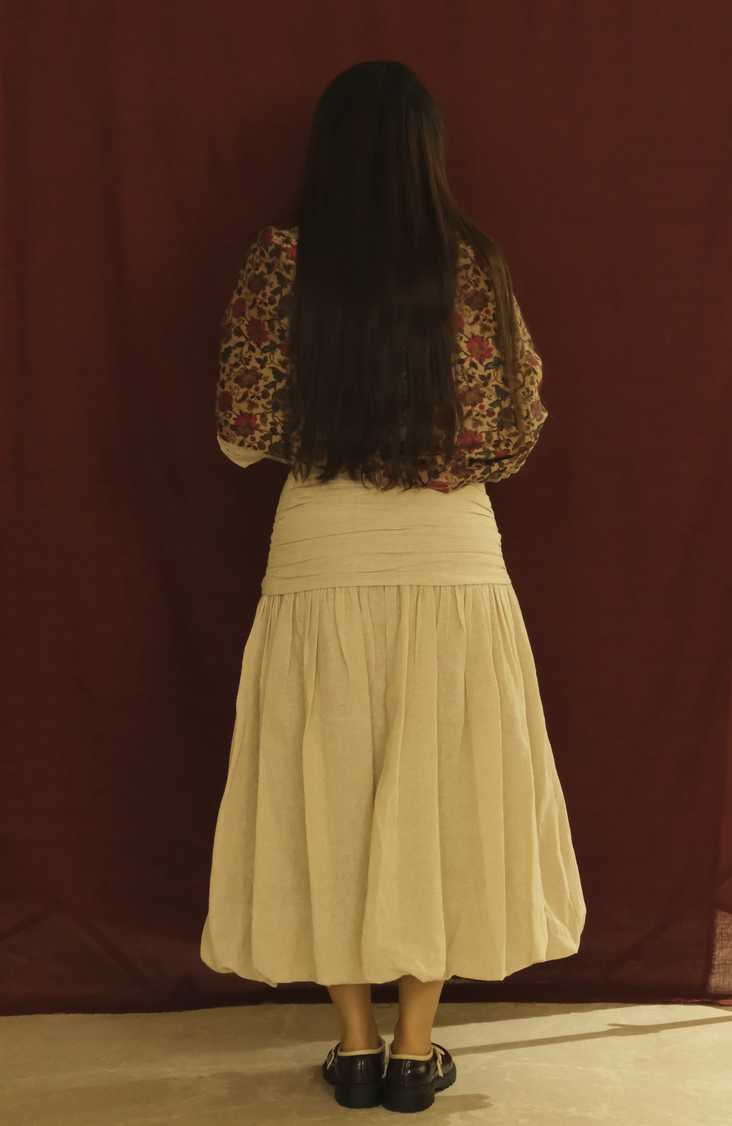 Ivory Bubble Midi Skirt- Gathered Waist Linen Blend Skirt