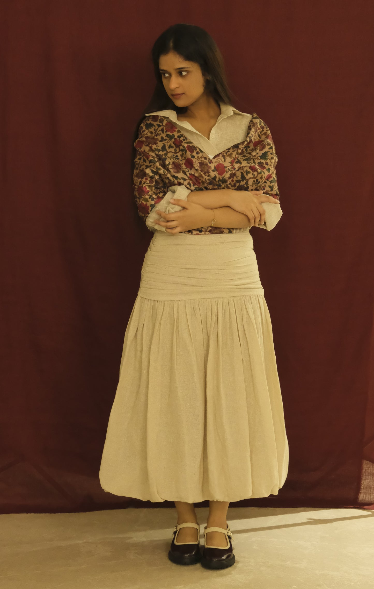 Ivory Bubble Midi Skirt- Gathered Waist Linen Blend Skirt