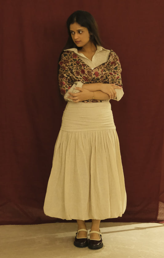 Ivory Bubble Midi Skirt- Gathered Waist Linen Blend Skirt
