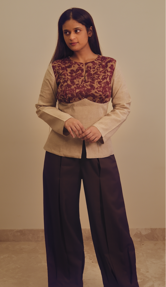 Ivory Linen Blend Top with Floral Yoke